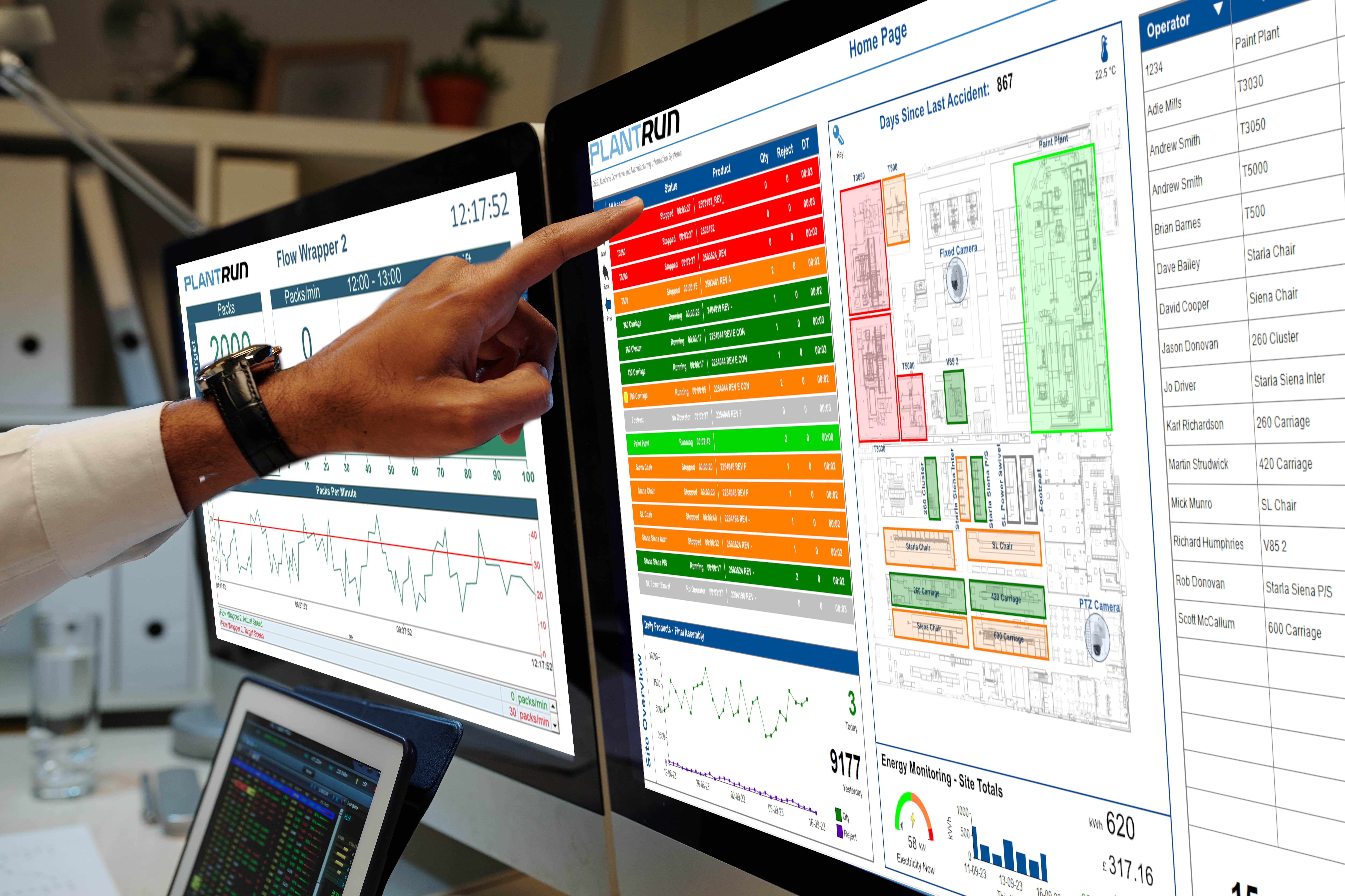 Hand pointing at a PlantRun display on a monitor with multiple messages on the screen.